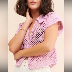 Free People Lily Crochet Pink Short Sleeve Top